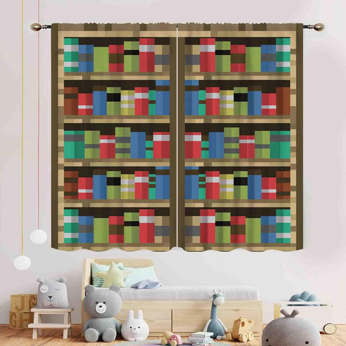 TKUYO 42"x63" Inch Pixelated Bookshelf Curtains, Pixel Print Game Theme Anime Bookcase Educational Window Drapery