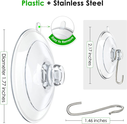 HangerSpace Suction Cup Hooks - 1.77 Inches Clear PVC Suction Cups with Metal Hooks for Shower, Bathroom, and Kitchen,