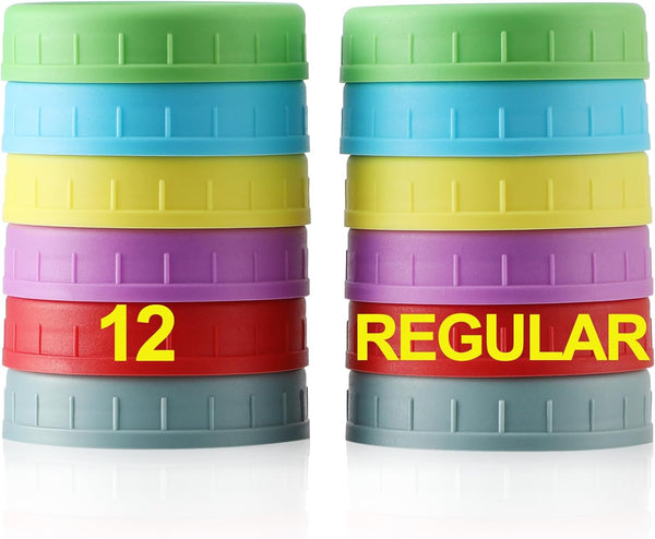 12 Pack Multicolor REGULAR MOUTH Mason Jar Lids for Ball, Kerr and More - Plastic Storage Caps for Canning Jars