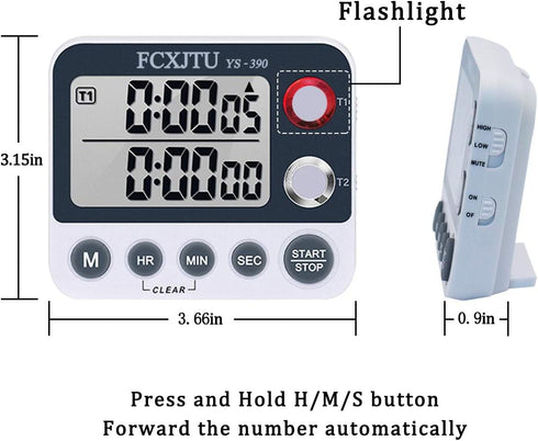 FCXJTU Digital Dual Kitchen Timer: Large Display, Adjustable Volume Alarm, Stopwatch, Magnetic Back (White)