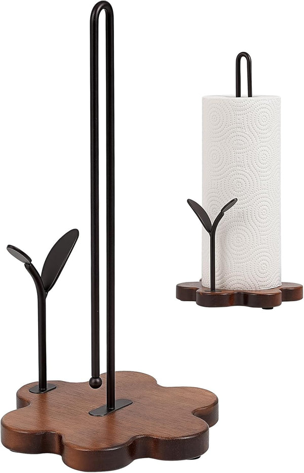 Wooden Paper Towel Holder Countertop, Floral Base with Dual Iron Rods in