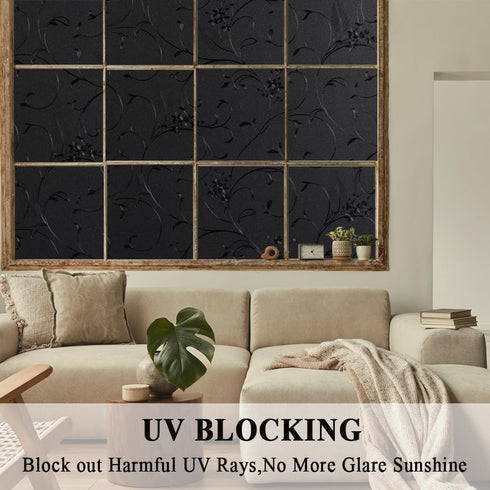Mikomer 100% Total Blackout Window Film - Light Blocking Privacy Glass Door Film with Etched Flowers, 17.5In. by 78.7In.