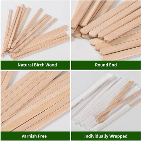 MFJUNS 200pcs 5.5" Individually Wrapped Coffee Stirrers Wood - Coffee Stir Sticks, Round End Disposable coffee stirrer