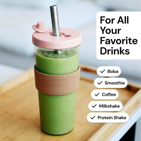Dodoko Reusable Boba Cup with Straw, Iced Coffee & Smoothie Tumbler, 24 oz - Bubble Pink