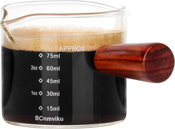 1 Pack Double Spouts Measuring Triple Pitcher Milk Cup with Wood Handle - 75ML Espresso Shot Glasses Parts Clear Glass