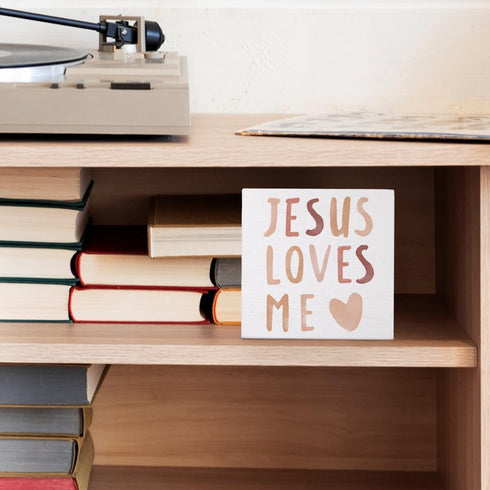 5x5 Baby Girls Nursery Decor - Jesus Loves Me Christian Gifts Wood Sign Wall Art Decoration, Boho Neutral Bible Verse