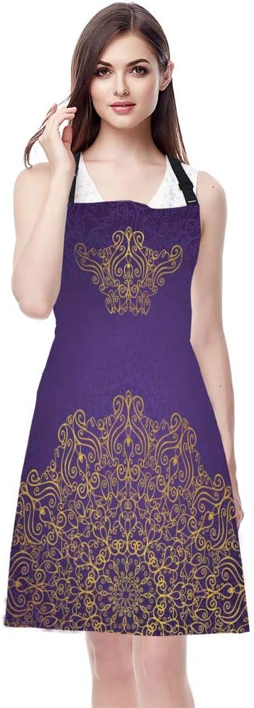 WONDERTIFY Purple Mandala Pattern Apron,Vintage Ornament Ottoman Motifs Revival Swirling Violet Abstract Tribal Bib