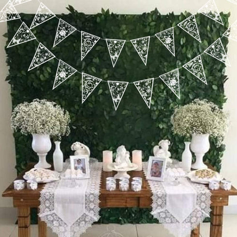 Cheerland 4 Pcs White Floral Lace Pennant Banner, Triangle Bunting Garland for Wedding, Bridal Shower, Anniversary Decor