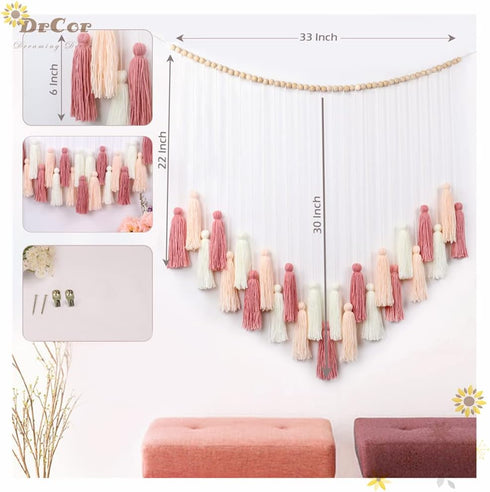 Cozy DrCor Blush Pink Boho Macrame Wall Hanging Handmade Rose Gold Tassel Decor for Nursery, Dorm, Baby Shower
