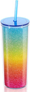 Home Tune Rainbow Tumbler with Straw, Sand Flow Glitter Double Wall Acrylic Cup, 21 oz / 640ml, Blue
