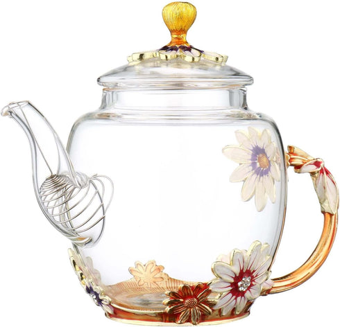 Teabloom Glass Blooming Tea Teapot for Women, Blue Rose Floral Teapot with Gold, 10.15oz/300ml Deep Coffee Color