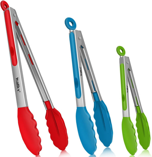 Walfos Silicone Tongs for Cooking, Heat Resistant Kitchen Tongs for Salad, Grilling, Stainless Steel and BPA Free