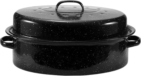 JY COOKMENT 18” Granite Roaster Pan with Domed Lid, Oval Turkey Roaster Pot for Turkey, Chicken, Lamb, Dishwasher Safe