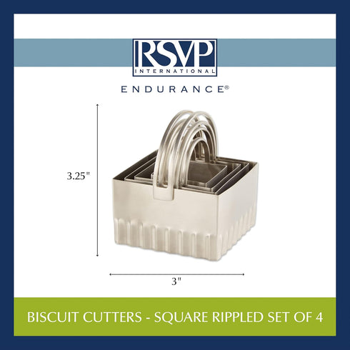 RSVP International Endurance Biscuit Cutters, Set of 4, Rippled Square, Stainless