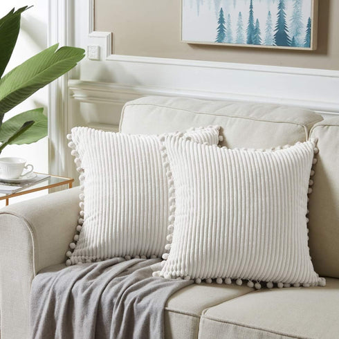 Fancy Homi 2-Pack Pom Pom Throw Pillow Covers, Cream Corduroy, 18x18 Inch