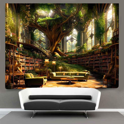 93x71inch Ine Ive Fantasy Trees Tapestry Vintage Library Wall Tapestries Fairytale Palace Bookshelf Sofa Reading Poster