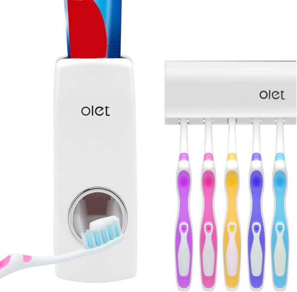 Olet Automatic Toothpaste Dispenser | Toothpaste Squeezing and Tooth Brush Holder Set (5 Brushes) | White