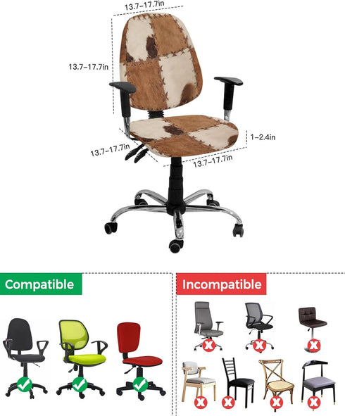 Vintage Leather Office Chair Covers, 2 Piece Abstract Cowhide Plaid Stretch Covers, Washable Chair Seat Protector