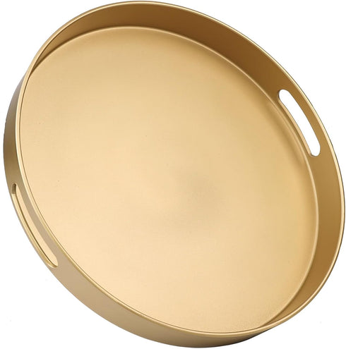 Round Gold Decorative Serving Tray with Handles, 13 Versatile Ottoman Tray for