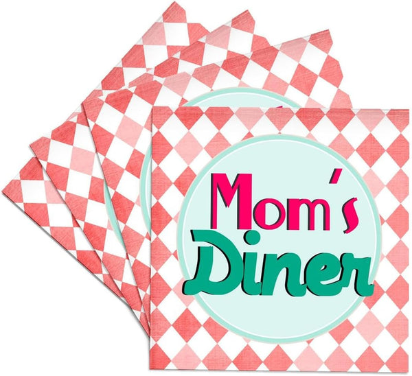 3dRose Moms Diner Sign on Red, Retro Hot Pink Turquoise Teal Blue, Set of 4 Coasters