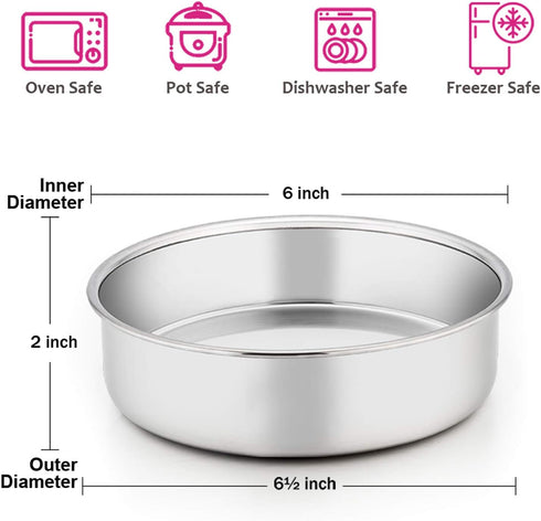 E-far 6 Inch Cake Pan Set of 3, Stainless Steel Round Smash Cake Baking Pans, Non-Toxic & Dishwasher Safe