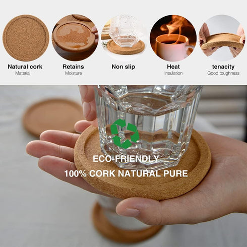 Natural Round Cork Coasters for Drinks, Absorbent Heat and Water Resistant Reusable Durable Saucers (4 PCS)