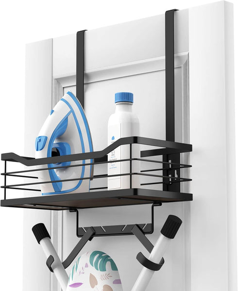 Ironing Board Holder Wall Mount, Laundry Room Organization with Large Storage Basket and Removable Hooks