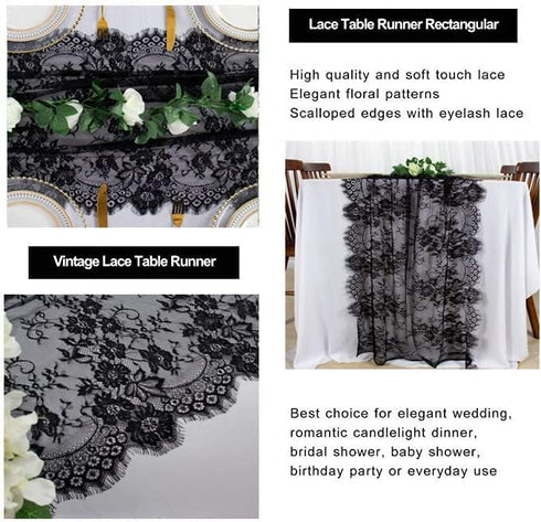 ShinyBeauty Black Lace Table Runner - 30x120 Inch Vintage Floral Lace Table Cloth for Weddings, Thanksgiving, Rustic