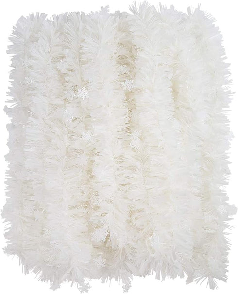 CCINEE 33FT Christmas Tinsel Garland, White Metallic Twist Garland with Snowflakes for Home Decoration