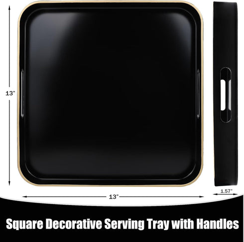 13"*13" Black Square Decorative Tray with Handles, Versatile Serving Tray for Coffee Table, Ottoman, Ideal for Serving