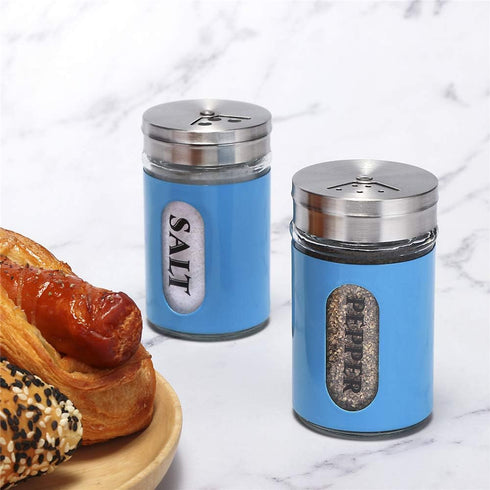 Salt and Pepper Shakers Stainless Steel and Glass Set with Adjustable Pour Holes, Blue