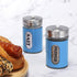 Salt and Pepper Shakers Stainless Steel and Glass Set with Adjustable Pour Holes, Blue