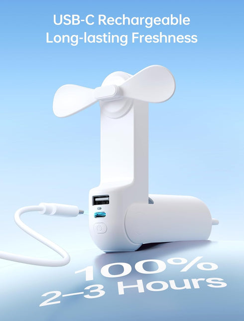 JISULIFE Handheld Mini Fan, 3 IN 1 USB Rechargeable Portable Fan with Power Bank, Flashlight, White