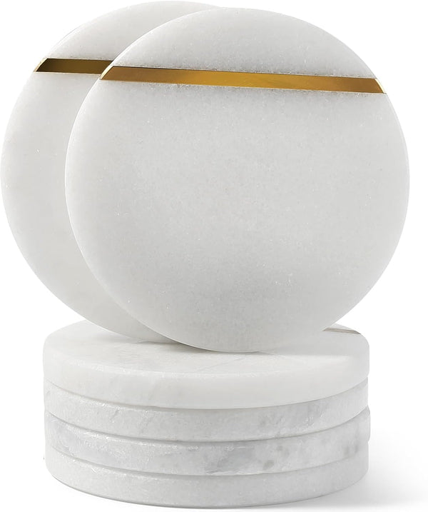 Koville White Marble Coasters Set of 6 for Coffee Table, 3.9" Inches
