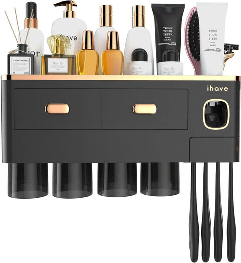 4 iHave Toothbrush Holders Wall Mounted with Toothpaste Dispenser & Cups - Luxury Black and Gold Design for Bathroom