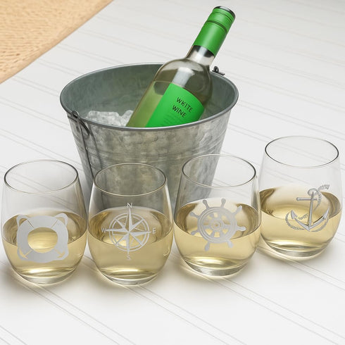 Set of 4 Stemless Boat Wine Glasses – 16oz Unbreakable Nautical Glasses with Anchor, Compass, Helm & Life Ring,