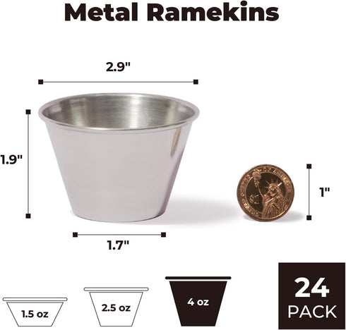 Fit Meal Prep 24 Pack 4 oz Stainless Steel Dipping Sauce Cups, Reusable Metal Ramekins for Home and Restaurant
