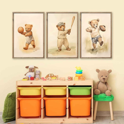 3Pcs Teddy Bear Sports Nursery Animal Canvas Wall Art Cute Woodland Baby Bear Rugby Wall Decor Pictures Football