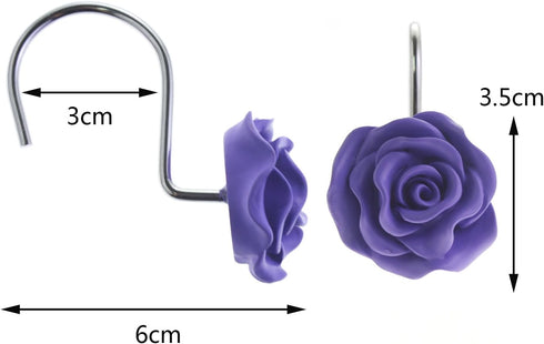 12 PCS Decorative Anti Rust Shower Curtain Hooks, Rose Design Shower Curtain Rings (Purple)