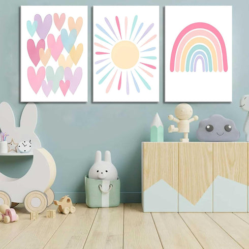 3Pcs 12x16in RCJARTI Pink Nursery Canvas Wall Art Rainbow Poster Kids Bedroom Baby Girls Toddler Pastel Wall Decor