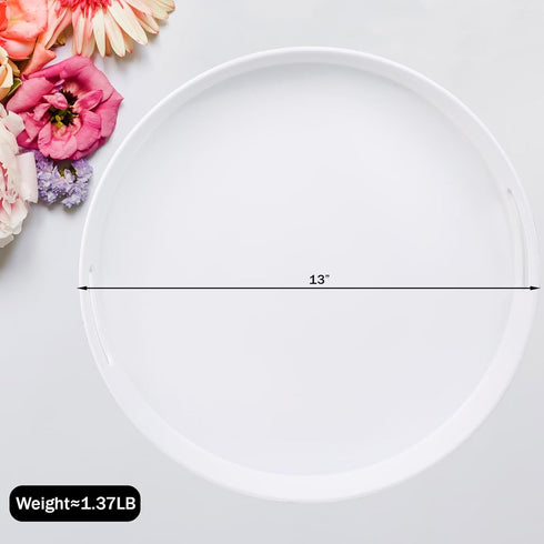 13 Round White Decorative Serving Tray with Handles, Versatile Ottoman Tray for Coffee Table, Entertaining, Outdoor