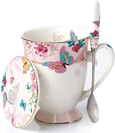 YBK Tech Euro Style Porcelain Tea Cup Coffee Mug with Lid for Breakfast Home Kitchen (Butterflies Pattern, Pink)