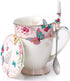 YBK Tech Euro Style Porcelain Tea Cup Coffee Mug with Lid for Breakfast Home Kitchen (Butterflies Pattern, Pink)