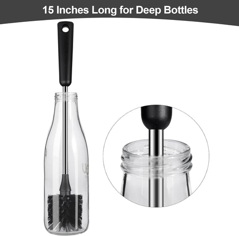 15 Inches Long Water Bottle Brush, Stainless Steel Handle Cleaner, Black Bottle Scrubber for Cup, Wine Glasses, Tumblers