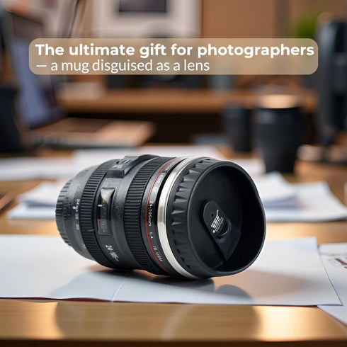 Camera Lens Coffee Mug with Slider Lid – Realistic DSLR Thermos Cup, Novelty Gift for Photographers and Coffee Lovers