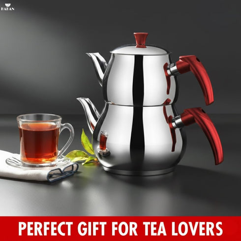 Set Set, 0.84 1.26 Hakan Teapot with Self Strainer Double Lids, Stainless Steel Mini Double Bondy Tea Pot Turkish