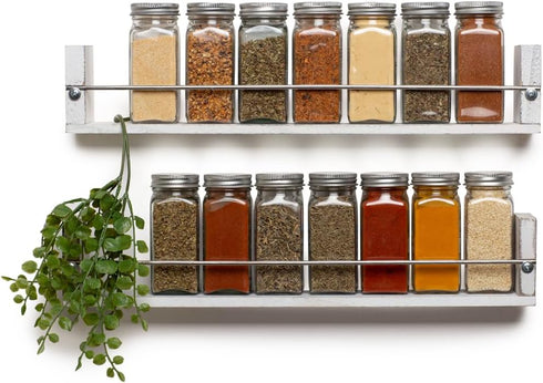 Farmhouse Kitchen Decor Wall Mounted Spice Rack, 2 Shelves in Washed White for Wooden Spice Storage