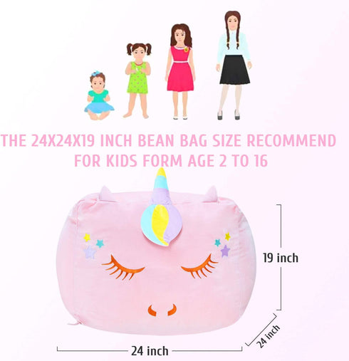 Unicorn Stuffed Animal Toy Storage, Bean Bag Chair Cover ONLY, Velvet Soft Organization for Kids Blankets, Pink