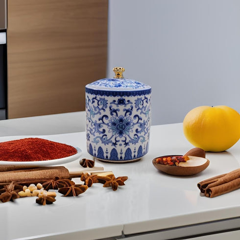wsmart Countertop, Small Vintage Blue and White Porcelain Salt Cellar with Lid Ceramic Salt Holder Container