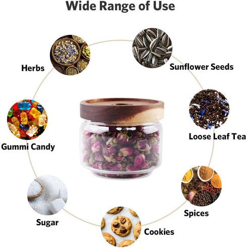 Glass Coffee Containers, 8.5 FL OZ/250 ml Kitchen Food Storage Canister with Sealed Wooden Lid, BPA-Free Clear Glass Jar